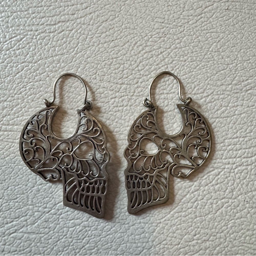 Ornate Sugar Skull Filigree‎ Dangle Earrings - Boho Goth